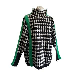 StyleWe Womens Sweater XL Black White Check Green Stripe Long Sleeve Y2K Preppy